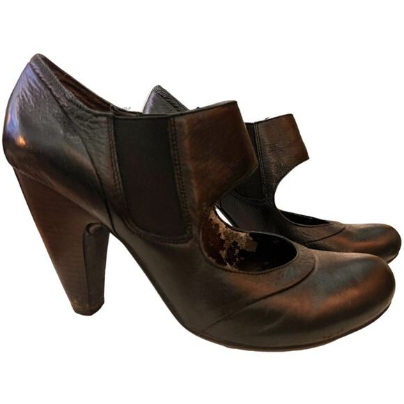 Anthropologie Biviel Spain Leather Round Toe Heels Shoes FLAWS SZ 8 Black Whimsy - Picture 1 of 11